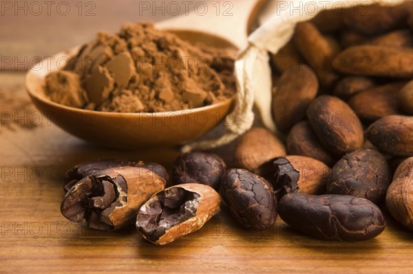 Cocoa (cacao) beans on natural wooden table, lodz, poland