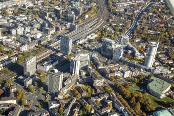 Essen city centre with REW company headquarters. RWE Tower. Alto Theatre