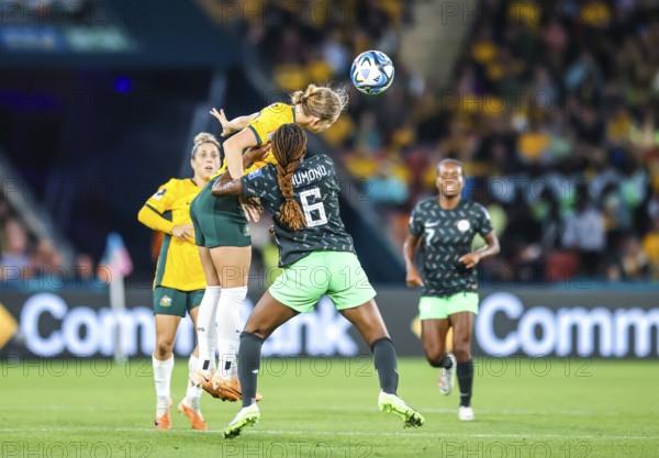 BRISBANE, AUSTRALIA, JULY 27: Ifeoma ONUMONU of Nigeria and Clare Hunt of Australia compete as Australia plays Nigeria at the FIFA Women's World Cup Australia New Zealand 2023 at Brisbane Stadium on July 27, 2023