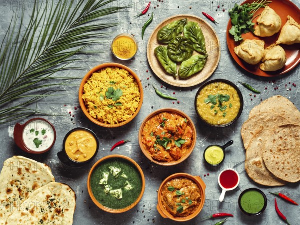 Indian cuisine dishes: tikka masala, dal, paneer, samosa, chapati, chutney, spices. Indian food on gray background. Assortment indian meal top view or flat lay