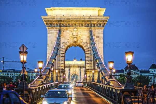 Szechenyi Chain Bridge night view (Budapest, Hungary). Shooting Location: Hungary, Budapest