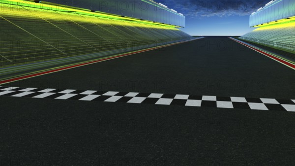 View of the infinity empty asphalt international race track with start and finish line, evening scene . 3d rendering