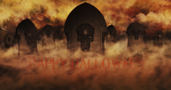 Cemetery At Night With Tombstones With Skulls And Burning Sky Full Of Clouds and Stars in The Background. Halloween Concept 3D illustration