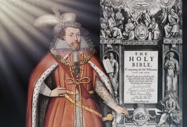 James VI and I, James Charles Stuart, 1566 – 1625, King of England, Scotland and Ireland, Frontispiece to the King James' Bible, 1611, digitally edited