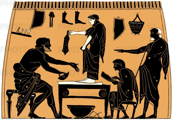 Ancient Greek shoemaker, workshop, black-figure pottery painting