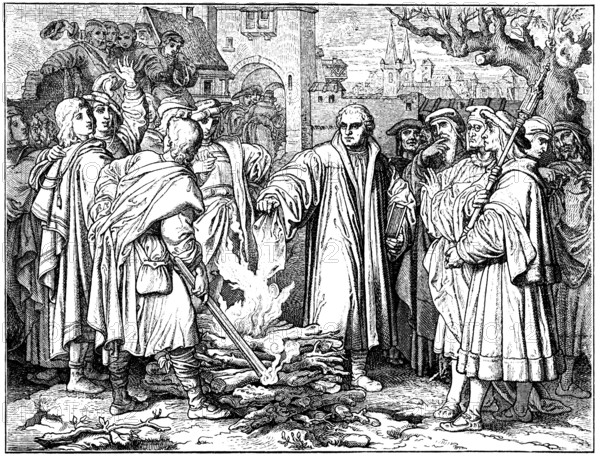 Historische Zeichnung, Martin Luther verbrennt die Decet Romanum Pontificem, eine päpstliche Bannbulle, 1521, in Wittenberg