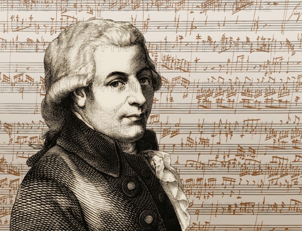 Wolfgang Amadeus Mozart, 1756 – 1791, composer of classical music, First Viennese School, notesheet from Allegro and Andante, Fantasy in F minor for mechanical organ, KV 608, 1791, digitally edited