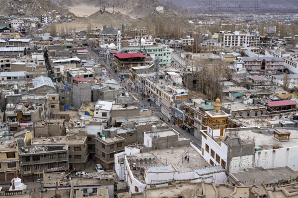 Leh, India, April 03, 2023: High angle view of the main shopping street at Main Bazaar in the city centre, Asia