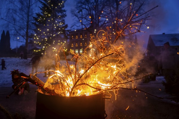 Christmas tree burning on the Kleinnauendorf fairground. The local history association G-Haus invited people to a fiery spectacle to part with their old Christmas trees. What was particularly remarkable was the fact that there were very quickly burning specimens and, in turn, almost unburnable ones, Kleinnauendorf, Saxony, Germany, Europe