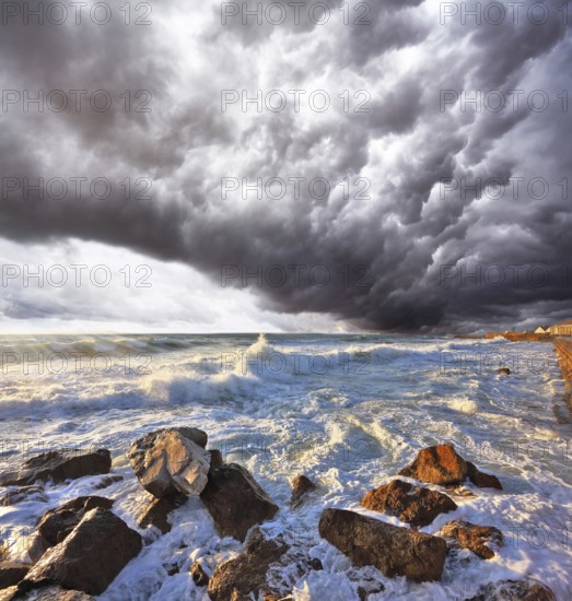 A terrible storm and lightning over the raging surf. Mediterranean Sea, Israel, Asia
