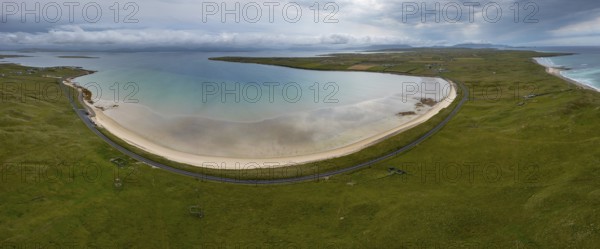 A panorama view of the southern Mullet Peninsula in County Mayo in western Ireland with Elly Bay Beach