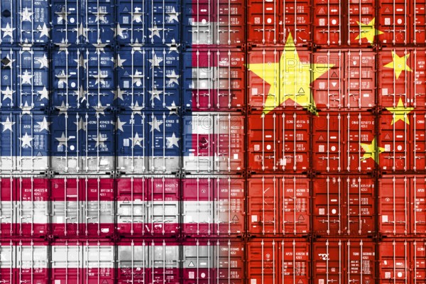 Stacked containers in US and Chinese national colours, symbolic photo of the trade war between the USA and China, photomontage