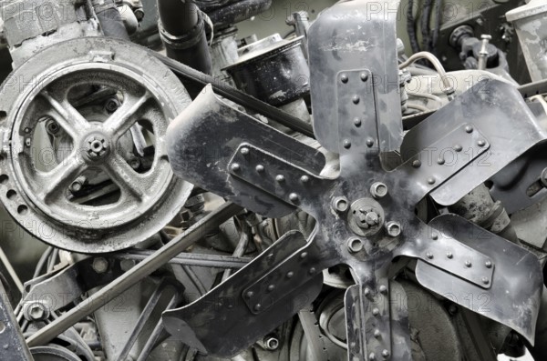 An old outdated engine - a radiator fan, closeup