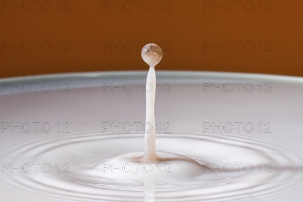 Single dripping water jet hits smooth surface in front of orange background, water droplets, collision, highspeed photography, concept, water figures