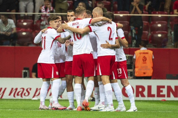 WARSAW, POLAND - JUNE 7, 2024: Friendly soccer match Poland - Ukraine 3:1. Joy team of Poland after scoring goal.