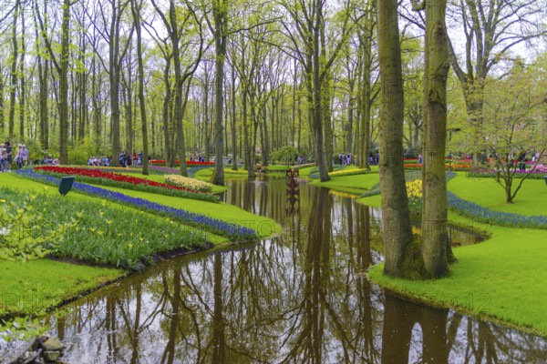 LISSE, NETHERLANDS, APRIL 22, 2018: Lots of people enjoying the blooming tulips in the Keukenhof, the most beautiful spring garden in the world
