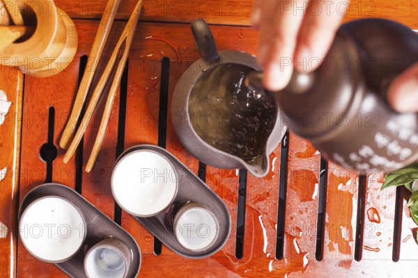 Close-up table with earthenware for Chinese tea ceremony