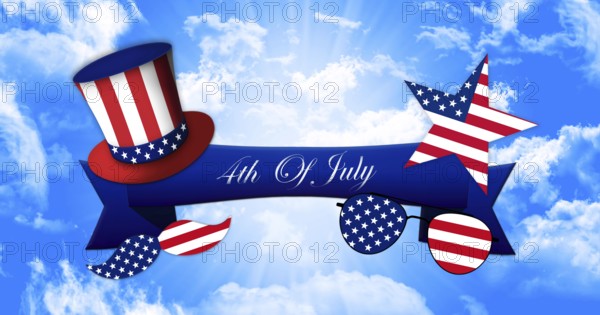 Happy 4th of July. Glasses and Mustache Design of the American Flag With Hat of Uncle Sam and Ribbon Banner On Sky Background 3D illustration