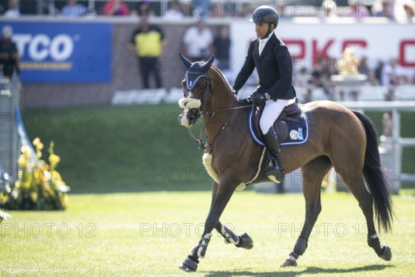Sameh El Dahabn of Great Britain and riding WKD Toronto compete in the first round of the 1.60m CPKC International during the Spruce Meadows Masters, presented by Rolex, in Calgary, Alberta, Canada, North America