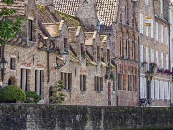 Row of cosy-looking, brick-clad historic buildings on a canal bank with lush greenery, Bruges, Belgium, Europe
