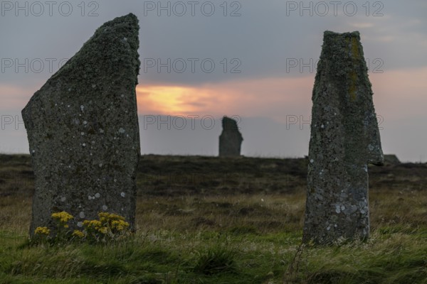 Sunset, Ring of Brodgar, stone circle and moat, Neolithic monument, UNESCO World Heritage Site, Mainland, Orkney Island, Scotland, Great Britain