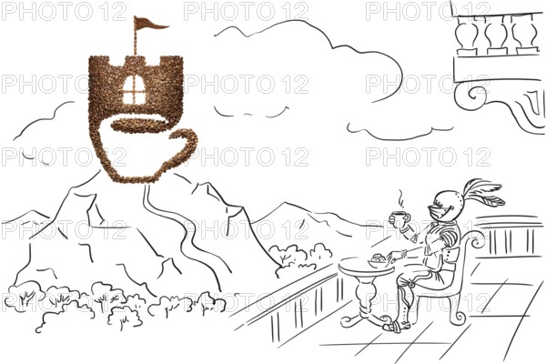 Creative still life of a cup made with lock image of coffee beans on sketchy background