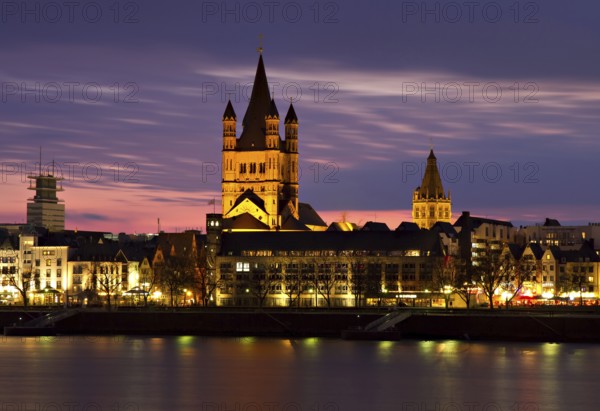 Historic centre of Cologne at dusk with Groß St. Martin and town hall, Germany Cologne, Germany, Europe