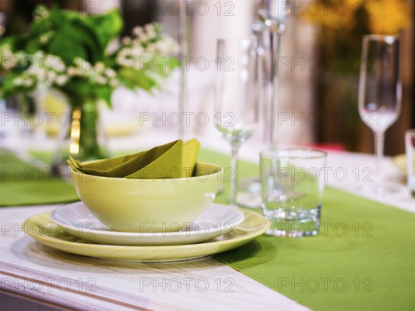 Beautiful table setting with white and green colors. Shallow DOF