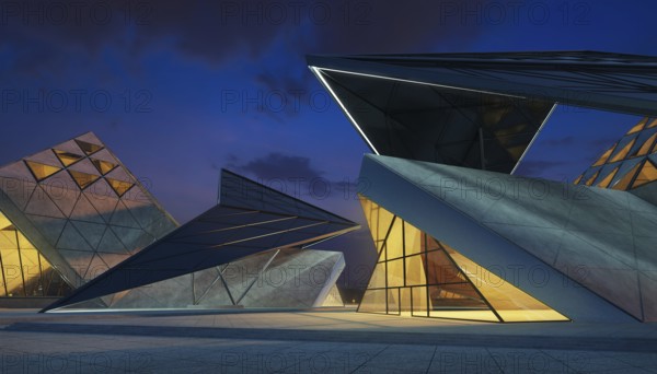 Contemporary triangle shape design modern Architecture building exterior with glass, concrete and steel element. Night scene. Photorealistic 3D rendering