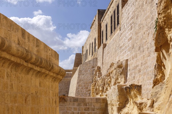 Walls of Fort St. Angelo, former fortress of the Knights of St. John, in Birgu, Malta, in 2017, Europe