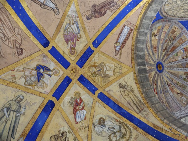 Evangelists and the eight hermitages of Artziniega, 20th century mural painting, Parish Church of Our Lady of the Assumption, Artziniega, Alava, Basque Country, Spain, Europe