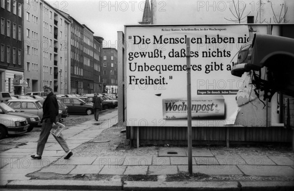 Germany, Berlin, 03.04.1992, The people did not know that there is nothing more uncomfortable than freedom, Wochenpost advertisement in Choriner Straße, Europe