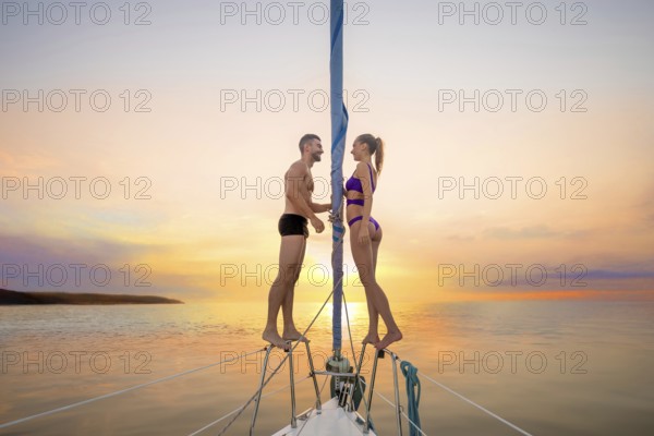 Romantic date on the yacht. Love story. Romantic walk on the yacht on sunset background. Guy and girl on the yacht