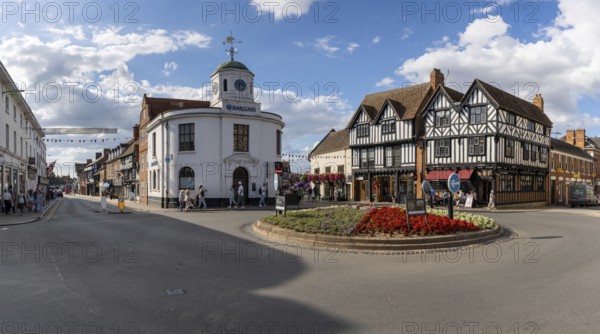 Stratford-Upon-Avon, United Kingdom, 31 August, 2022: view of the Bridge Street Rotonda with historic half-timbered houses, Europe