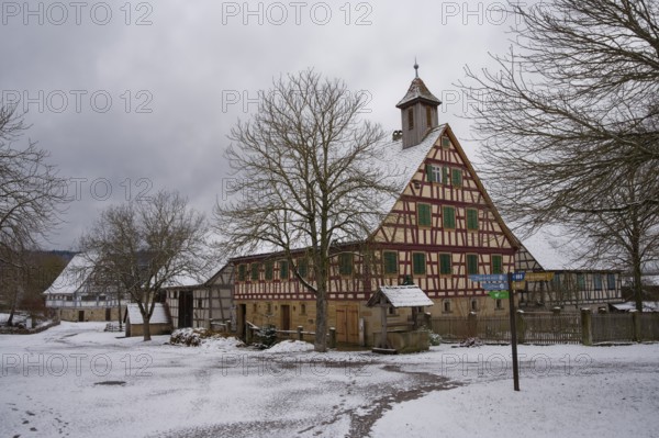 Snow-covered houses in the Hohenlohe Open-Air Museum, Wackershofen, half-timbered house, farmhouse, museum, Schwäbisch Hall, Hohenlohe, Germany, Europe