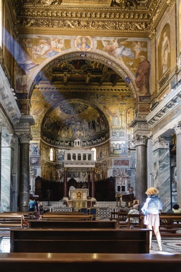 Rome, Italy, August 18, 2016: Interior view of church of Santa Maria in Trastevere. It is a titular minor basilica in the Trastevere district of Rome, and one of the oldest churches of Rome, Europe