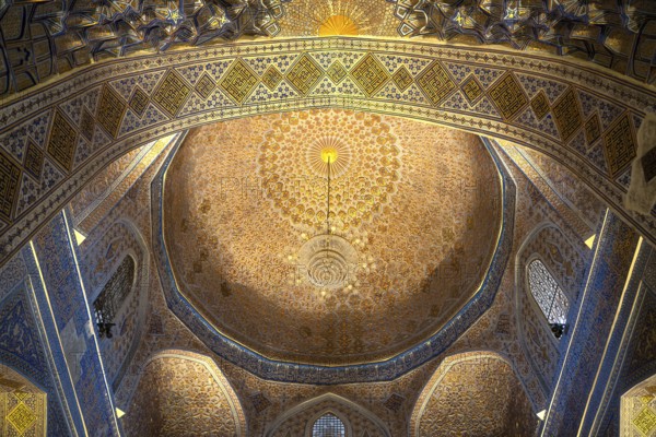 Interior inside the old ancient uzbek tomb - Amir Temur maqbarasi, Go‘ri Amir in Uzbekistan