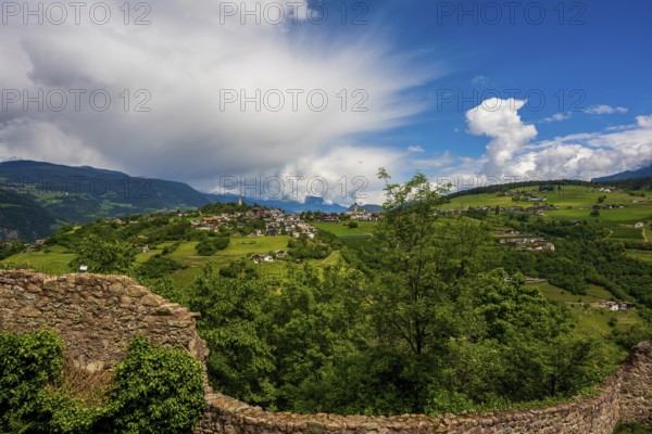 Panoramic view from Prösels Castle of the village of Fiè allo Sciliar (Völs am Schlern) in the Dolomites in South Tyrol, Italy, Europe