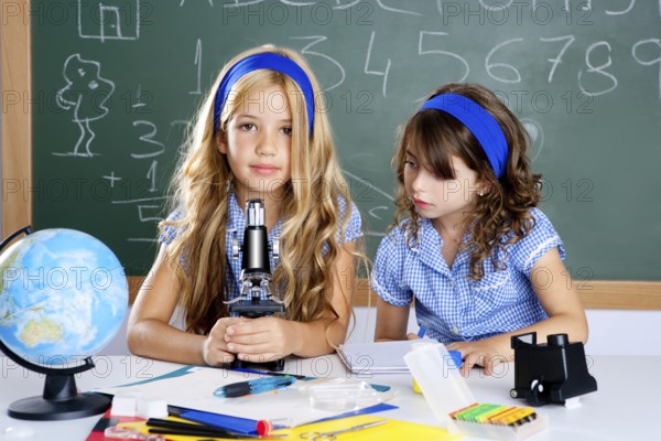 Children girls at school classroom with world map and microscope