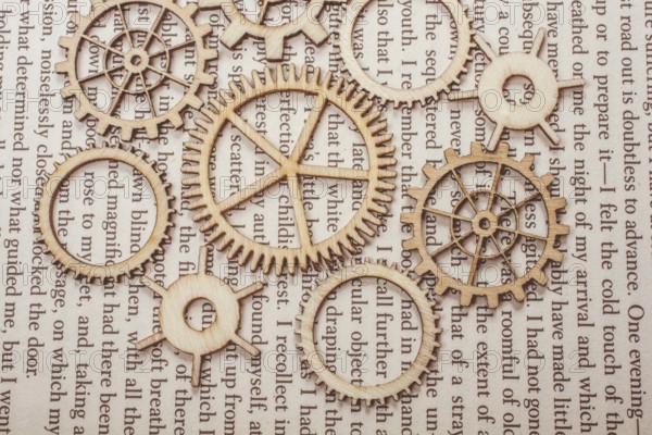 Wooden cogwheels on a page of a book. Industry concept information