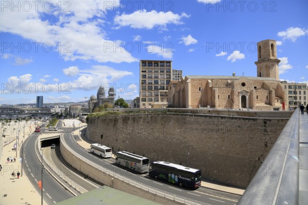 Saint Laurent church above the harbour entrance to the Vieux Port, behind La Major cathedral, Marseille, Bouches du Rhone department, Provence Alpes Cote d'Azur region, France, Mediterranean Sea, Europe