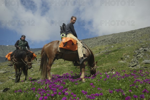 Orlov village, Altai, Russia - June 29, 2016: People with horses Horses walk and graze