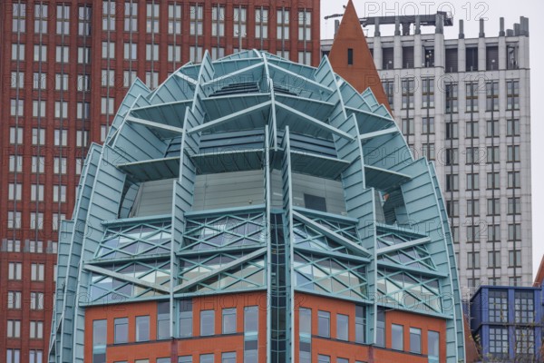Detailed view of a modern building with a striking architectural design of glass and steel, den haag, the netherlands