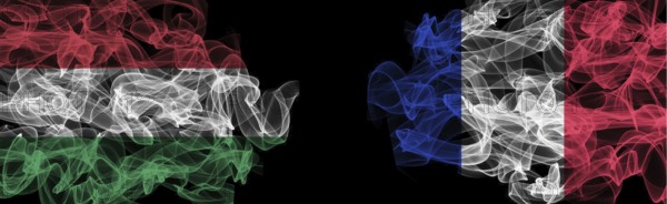 Flags of Hungary and France on Black background, Hungary vs France Smoke Flags