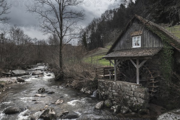Vintage landscape with an old, abandoned water mill on an alpine river shore, on a cloudy day of early spring, in Schwarzwald, Germany, Europe