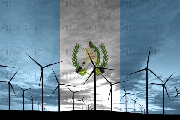 Guatemala flag wind farm at sunset, sustainable development, renewable energy Wind Turbines