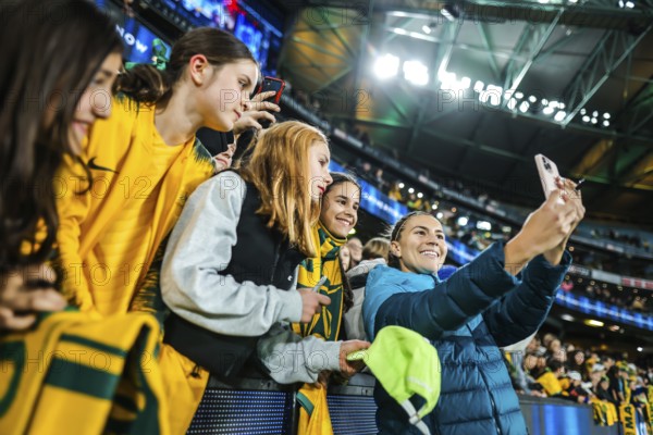 MELBOURNE, AUSTRALIA, JULY 14 : Steph Catley of Australia with fans post match after beating France in the World Cup 2023 Send Off friendly match on 14th July 2023