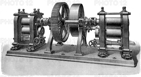 Historical illustration, machine for coin production, prerefiner, pre-roller, 1896, historische Zeichnung, Maschine zur Münzherstellung, Vorwalzwerk, 1896