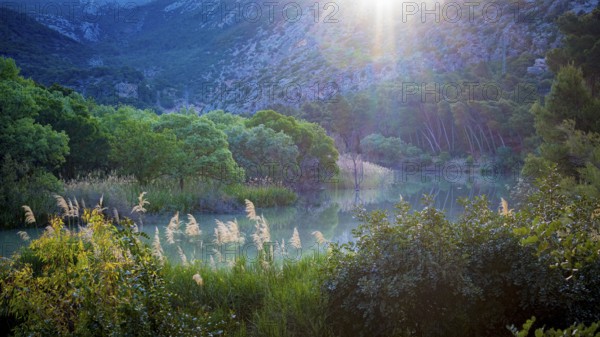 View on the nature and landscape of river Embalse de Gaitanejo on the hiking path Caminito Del Rey in Gobantes