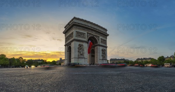 Paris France, panorama city skyline sunset at Arc de Triomphe and Champs Elysees
